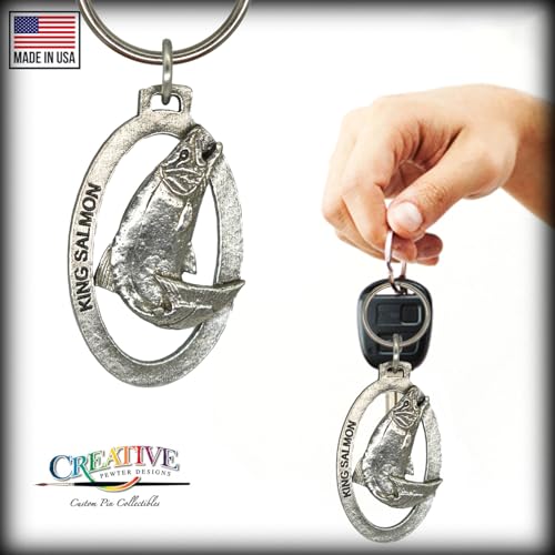 Image of Salmon Keychain, Pewter, F043KC, 1 3 /4 inch, King, Chinook, Tyee, 100% Handmade in the USA, King Salmon Key chain, Fishing Gift, Over 200 Fish Designs Available., Chinook Salmon Leaping Keychain, Medium