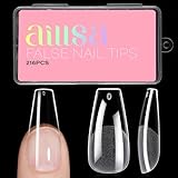 AILLSA Long Coffin Nail Tips Half Matte Full Cover Nails Tip Clear Acrylic Pre-Shaped Tips Flase Press on Nail Tips for Extentions Nails Manicure Salon DIY 216PCS 12 Sizes