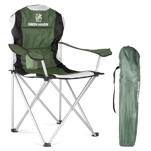 Green Haven Deluxe Padded Camping Chairs, Heavy Duty Folding Chair, Holds up to 120kg, Flat Feet, Cup Holder and Side Pockets
