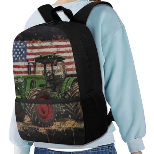 Green Tractor Backpack for Little Boys America Flag Print School Bag for Kids 17 Inch Polyester Bookbag with Front Zipper Pocket for Primary School4