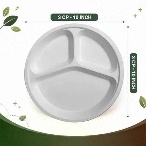Image of Eco Aaroyaa Bagasse 10 Inch 3 Compartment Plates - Eco-Friendly Bagasse Disposable Plates - Strong Oil & Water Resistant Disposable Plates with Compartments for Parties, Catering & Events (Pack of 25)