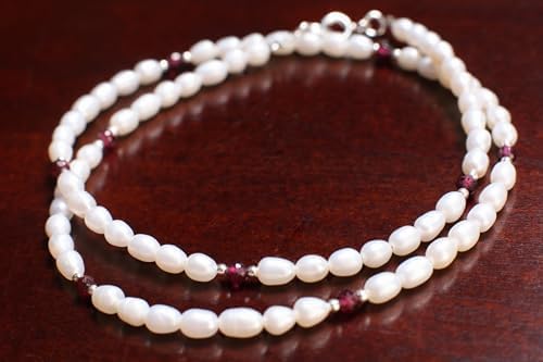 Freshwater Pearl with Genuine Garnet, 925 Sterling Silver spacer and Clasp Necklace, Choker, Layering, Minimalist Holiday Gift - Image 3