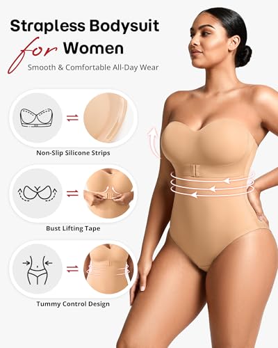 Image of Shapewear Bodysuit Tummy Control Strapless Bra Shapewear for Women Strapless Faja Body Shaper Thong Light Shapewear