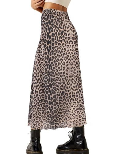 Avanova Women Leopard Print Mesh Midi Skirt High Waist Lettuce Trim Long Straight Skirt Brown Leopard C Large3