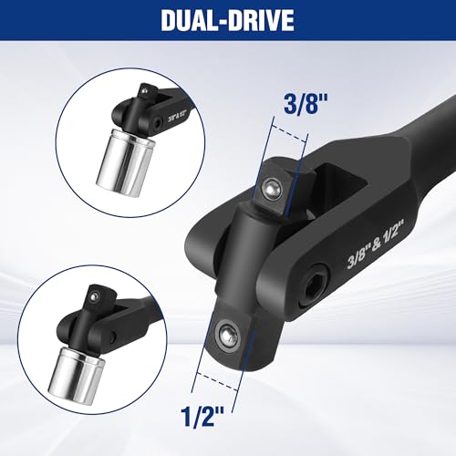 Image of WORKPRO 16-inch Dual Drive Breaker Bar, 3 /8 inch & 1 /2 inch Drive, Heavy Duty Breaker Bars with 360 Flex Head, Spring-loaded Detent Ball, CR-MO Head, Premium Chrome Vanadium Steel with Black Phosphate Finish