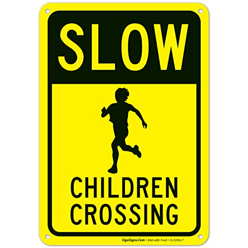 Slow Children Crossing Sign, Traffic Sign, 10x7 Inches, 55 mil Thick HDPS (High Density Polystyrene), Made in USA