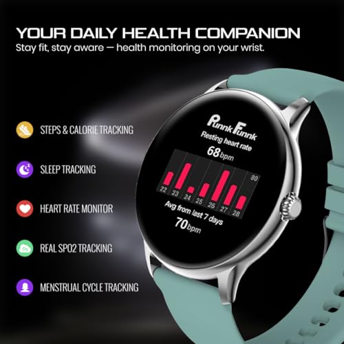 Image of PunnkFunnk Glavito Round Dial Smartwatch 1.49 inch AMOLED Display, 100+ Sports Modes, IP67, Health Tracking, Bluetooth Calling, Functional Crown Control, 100+ Watch Faces for Men & Women (Light Green)
