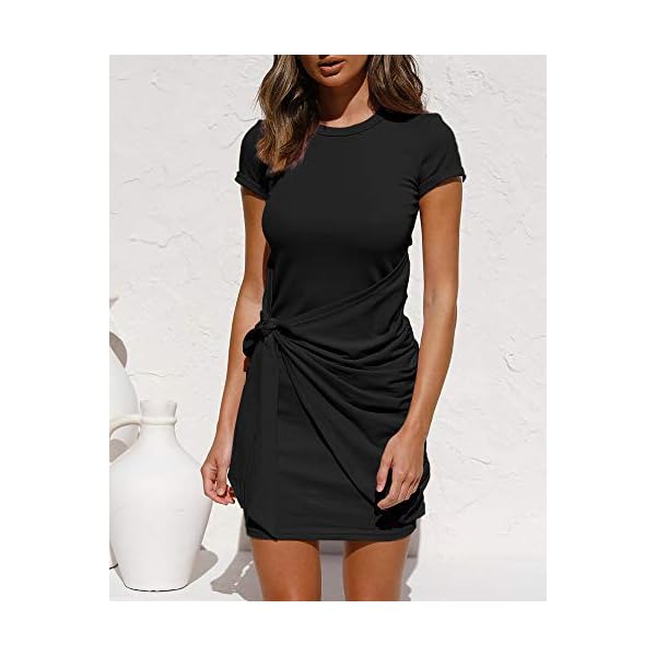 LILLUSORY-Womens-Summer-T-Shirt-Dress-Casual-Short-Sleeve-2021-Crewneck-Bodycon-Ruched-Tie-Waist-Mini-Dresses LILLUSORY 2023 Women's Summer Dress Sun Sundresses Short Sleeve T Shirt Casual Crewneck Bodycon Sexy Party Ruched Tie Waist Trendy Mini Black Funeral Dresses Black