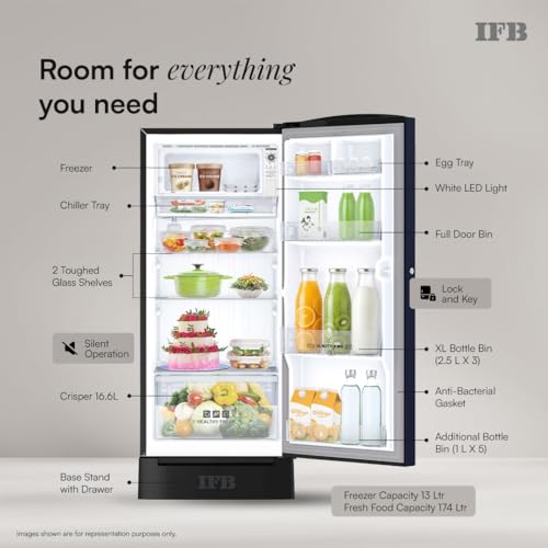 Image of IFB 187L 5 Star Advanced Inverter Direct-Cool Single Door Refrigerator with 30 Hrs Cooling Retention, Big Vegetable Box, 4 Year Super Warranty & Base Stand (2026, IFBDC-213EYBNED, Divine Bliss Blue)
