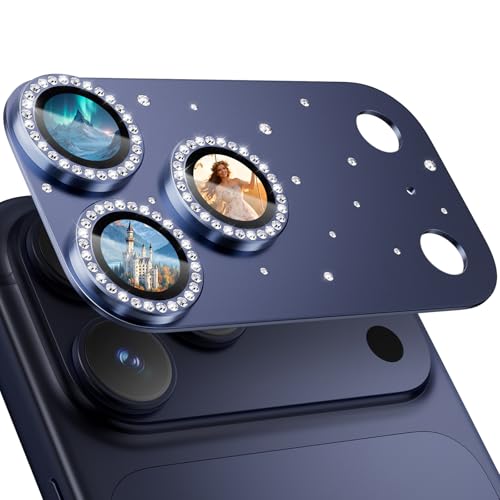 Image of HelloDeere for iPhone 17 Pro Max Camera Lens Protector [Not Easy to Break] [Ultra Bright] Round Gold Diamond Bling Tempered Glass Metal Frame Camera Cover for iPhone 17 Pro Max Lens Case Friendly (Blue,1 Pack)