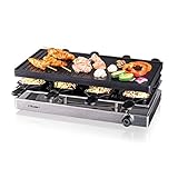 Cloer 6458 Raclettegrill mit Aluminium-Druckguss Platte, 1200 W, 8 antihaftbeschichtete Raclettepfännchen, Kunststoffspachtel, unbeheizter Parkplatz, Aluminium