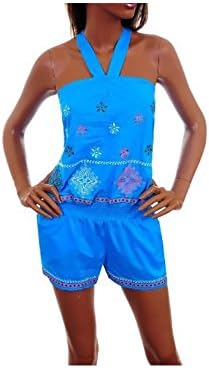 Sexy Blue Top Shorts One Piece Romper Floral Embroidery (Small)