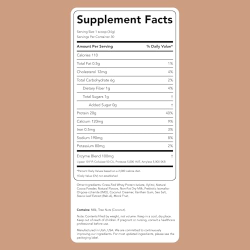 Clean Simple Eats Whey Protein Powder, Chocolate Brownie Batter Flavor Naturally Sweetened, 100% Grass Fed Protein Powder with Digestive Enzymes & No Artificial Ingredients, Gluten Free, 30 Servings