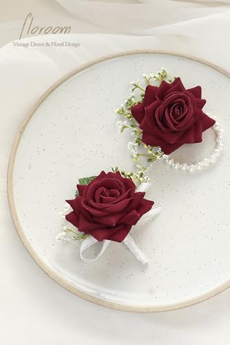 Floroom Burgundy Rose Wrist Corsage Red Wristlet Band Bracelet and Men Boutonniere Set for White Wedding Flower Accessories Prom Suit Decorations image 3