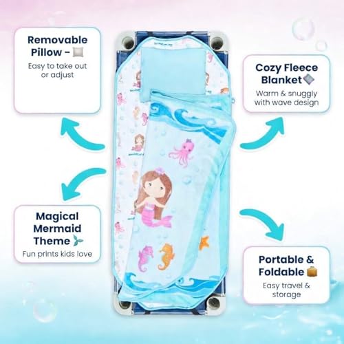 Image of EVERYDAY KIDS Cute Preschooler and Toddler Cot Nap Mat for Home, Daycare, Preschool and Kindergarten; Easy to Roll Sleeping Mat with Elastic Straps, Pillow and Blanket