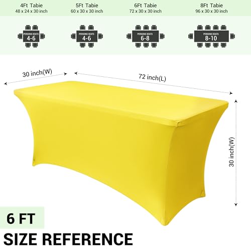 Image of Obstal 6ft Stretch Spandex Table Cover for Standard Folding Tables - Universal Rectangular Fitted Tablecloth Protector for Lemonade Stand, Wedding, Banquet & Party, 72L x 30W x 30H Inches, Yellow, 2pc