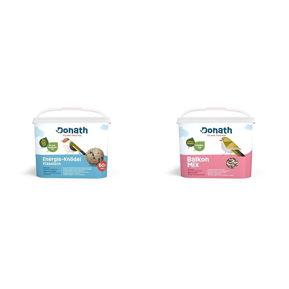 Donath Energie-Knödel Klassisch ohne Netz - Meisenknödel ohne Netz - 100g je Stück - kraftspendendes Fett 50er Eimer & Donath Balkon Mix - schalenfreie Mischung für einen sauberen Balkon - 5 Kg Eimer