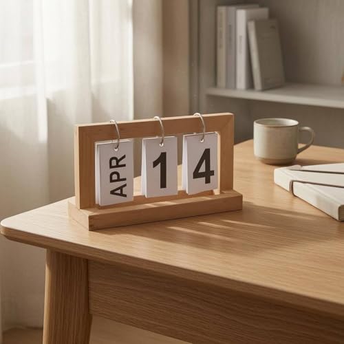 DYNWAVE Desk Calendar Display Desk Calendar Table Calendar Calendar With Wood And Iron Construction And Paper Date Cards Suitable for office desk home study classroom reception counter , White , Flip Calendar - Image 3