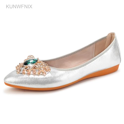 Image of KUNWFNIX Women Ballet Flats Rhinestone Wedding Ballerina Shoes Foldable Sparkly Comfort Slip on Flat Shoes