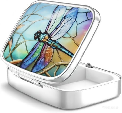 WATASSA Pill Box with Animal Style Mirror All-in-One 2-Compartment Portable Medicine Organizer, Marble Pattern Travel Pill Case for Vitamins&Daily Medication (Iridescent Dragonfly)