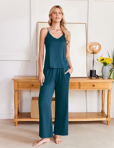 Image of Ekouaer Womens Y2K Cami Pajama Set with Flare Pants, 2 Piece Lace Trim Sleepwear Spaghetti Strap Pjs Set XS-2XL
