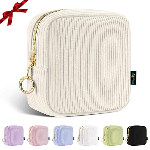 Playexen 5.5" Small Makeup Bag, Corduroy Small Cosmetics Bag for Purse, Portable Mini Travel Makeup Pouch with Ring Buckle & 2 Inner Pockets for Women (Beige)