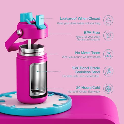 Image of Kids Insulated Water Bottle with Straw - 12oz Stainless Steel Water Bottle with Dual Spouts, Leak-Proof, BPA-Free, Double Wall Vacuum Keeps Cold for 24 Hours for Sports, Travel (Light Crimson)