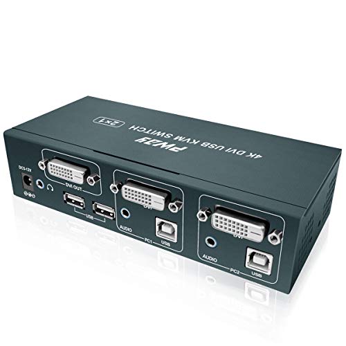 GHT KVM Switch DVI 2 Port,Support 4Kx2K@30Hz,1200P,1080P@60Hz,with DVI Cables and USB Cables