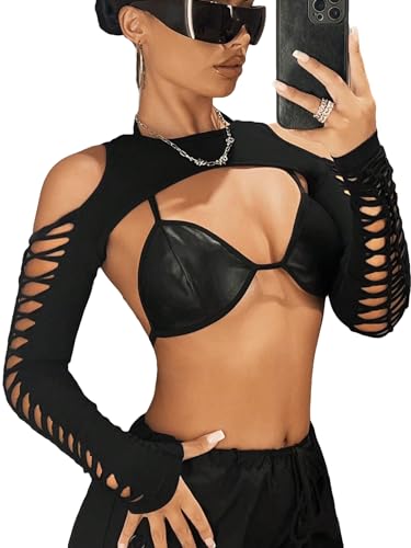 GORGLITTER Women's Cut Out Super Crop Top Bolero Long Sleeve Crew Neck T Shirt Shrug Tops