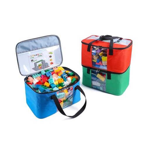 3 PCS Large Toy Storage bag Compatible with Lego Bricks, Travel Organizer Case With Labels, Handles & Pockets For Toy Organizing, Travel case for Building Blocks, Dolls, Puzzles Blocks & Board Games