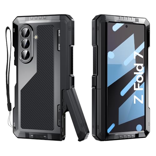 Libeagle Rugged Armor Case for Samsung Galaxy Z Fold 7 5G, Military Grade Shockproof Protective with Kickstand, Built-in Screen Protector, Metal Bumper & Full Hinge Protection Cover, Black
