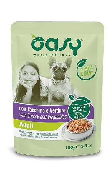 Oasy Umido Cani STRACCETTI ADULT TACCHINO E VERDURE - OFFERTA - 6 BUSTE DA 150 GR