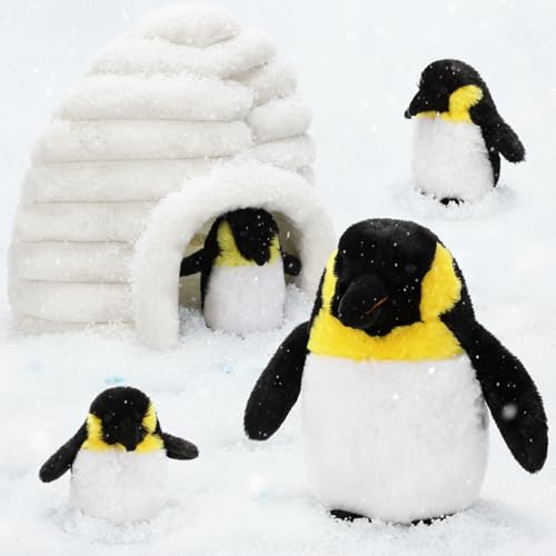 JolliLudo 5 Pcs Penguin Stuffed Animal and Igloo Set 10 Inch Mommy Penguin and 3 Cute Plush Babies with 10.6 Inch Igloo Wrapping Soft Cute Animal Plushie for Winter Birthday Party Decoration Gifts