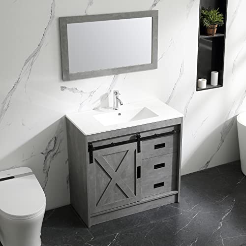 Walsport 36” Bathroom Vanity With Sink, Modern Grey Wood Cabinet Basin Vessel Sink Set With Mirror, Chrome Faucet, P-Trap 36 Inch #TOP6