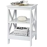 COSTWAY Nachttisch 3 Ebenen, Beistelltisch Nachtschrank, Sofatisch Couchtisch für Schlafzimmer, Wohnzimmer 40x40x61cm (Weiß, X-förmig)