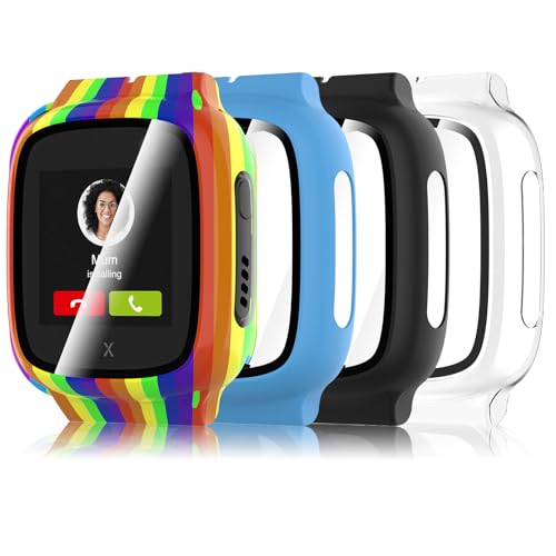 Simpeak 4-Stück Schutzhülle Kompatibel mit Xplora X5 Play Kids PC Harte Hülle Kratzfest Gehäuse mit Gehärtetem Displayschutz Anti-Fall Schutz Zubehör Transparent Schwarz Blau Regenbogen