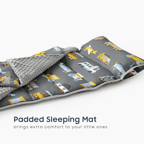 Image of Wake In Cloud - Toddler Nap Mat with Pillow and Minky Fleece Blanket, for Kids Boys Ages 3 Plus in Daycare Preschool Kindergarten, Roll Up Sleeping Bag, Planes Trains Trucks
