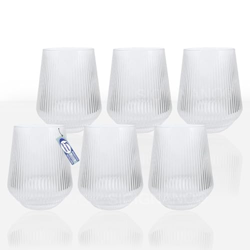 Sicignano - Juego de 6 vasos de agua y bebida, colección Meridiana, de cristal ultra transparente, tecnología Shiny Crystal, 47 cl, diseño acanalado elegante para mesa y cóctel, altura 11 cm, diámetro