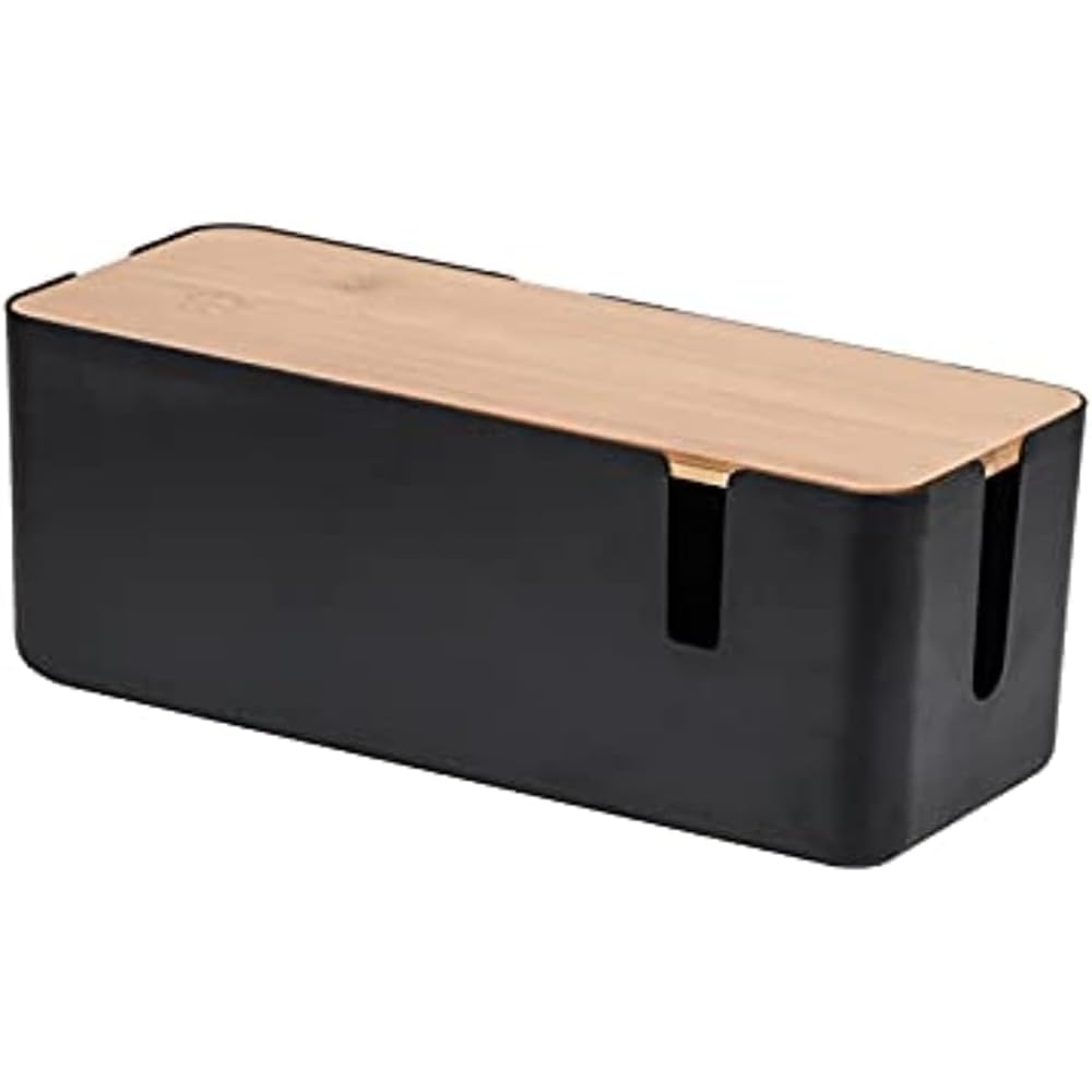 Cable Management Box - Cable Organizer Box - Cord Management Box With Bamboo Lid To Cover & Hide Power Strips & Cords - Cable Box Organizer For TV, Computer, Router Office (Black)
