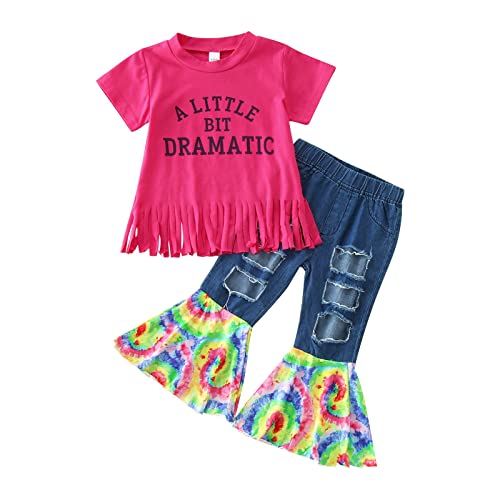 BILIKEYU Little Girls Summer Clothes Short Sleeve Tassels T Shirts and Elastic Waist Flare Leg Ripped