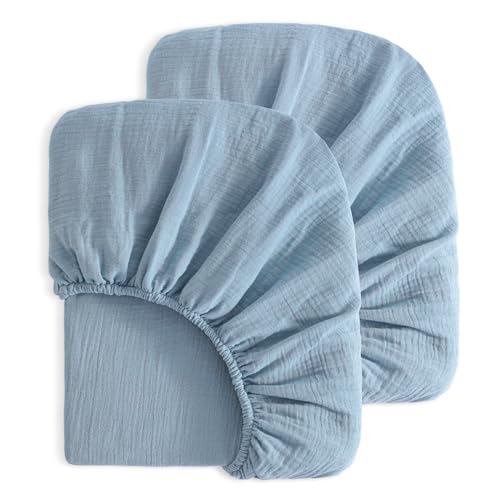 Image of NTBAY 2 Pack Muslin Cotton Crib Sheets, Soft and Breathable Double Layer 28x52 Baby Crib Sheets for Standard Crib and Toddler Mattresses, Boys, Girls, Unisex, Sky Blue, 28x52 Inches