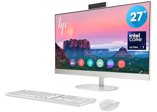 Image of HP 27'' All-in-One Computer, Intel Core Ultra 7-155U (12 cores) Processor, 8GB DDR5 RAM, 512GB SSD, IPS Full HD(1920 x 1080) Display, USB, Bluetooth, Wi-Fi, HDMI, Wireless KB & Mouse, Win 11, White