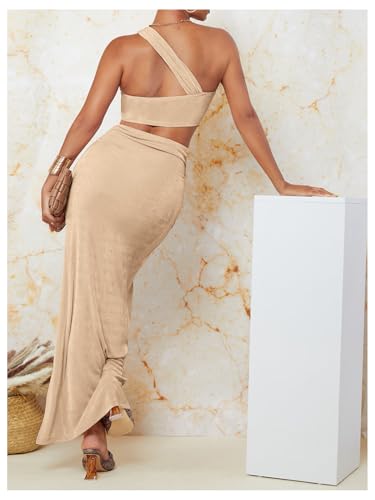 MakeMeChic Women's 2 Piece Outfits Twist One Shoulder Crop Top and Split Thigh Long Skirt Set2