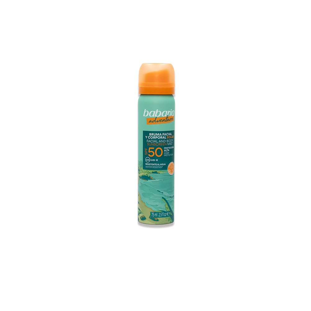 Babaria - Mgiełka do twarzy z filtrem przeciwsłonecznym 50 - limitowana edycja Adventure | Ochrona przeciwsłoneczna na twarz 50 75 ml | Nawilża i chroni aloesem i niacynamidem | Mgiełka Słoneczna o
