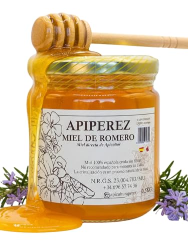 APIPEREZ Miel Cruda de Romero 500 g – Miel Monofloral Natural, Digestiva y Antibacteriana – Miel Clara de Sabor Suave – Recolectada en Calblanque y Sierras de Cartagena