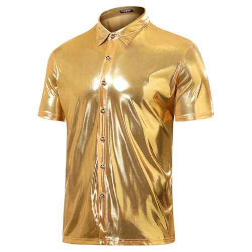 Arjen Kroos Mens Sequin Top 70s Outfit Disco Rave Party Collared T-Shirt Short Sleeve Breathable Metallic Shirt