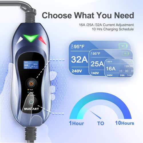 Mustart Level 2 Portable Ev Charger (240 Volt, 25Ft Cable, 16/25/32 Amp Adjustable) Electric Vehicle Charger Plug-In Ev Charging Station With Delay Function (Nema 6-50P) #TOP1