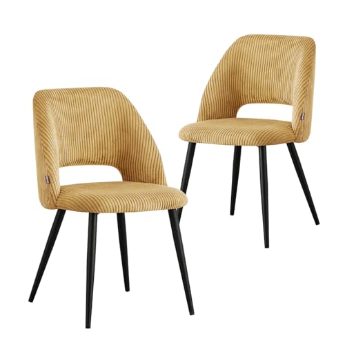 B&D home® Esszimmerstuhl Vicky 2er Set – Polsterstuhl aus hochwertigem Kordsamt in Gelb, ergonomisch & stabil, Metallbeine Schwarz, modern Industrial Design für Esszimmer, Küche & Büro