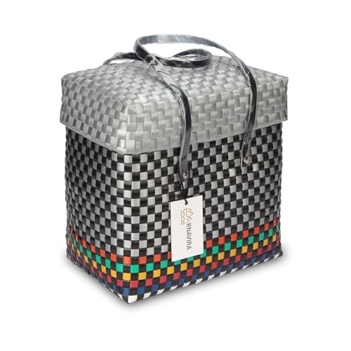 Image of Arnavira Handmade Multipurpose Basket with Lid Used as Mini Basket For Organiser Makeup Items Storage,Kids Tiffin Basket (18x12x19 cm) (Black Silver, X Small)