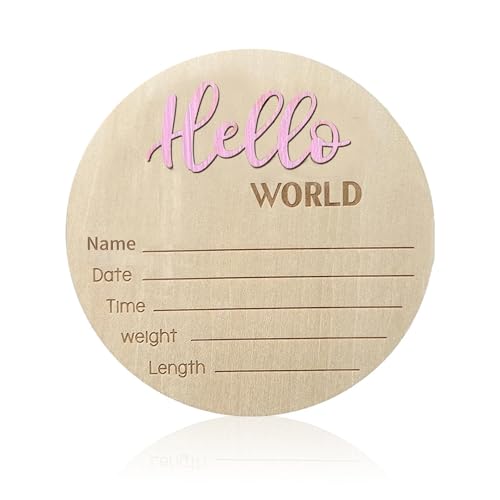 Image of Baby Announcement Sign, 5.9 Inch Wooden Hello World Newborn Signs, Birth Announcement Sign, Baby Shower Hospital Nursery for Newborn Boys and Girls (Light Pink)